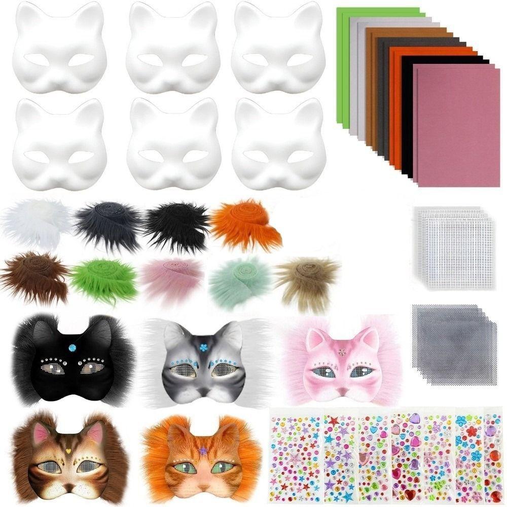 DIY Kit Blank Cat Mask Making Kit Paper Mache Fabric Straps Animal Half Face Mask Mesh Stickers Plush Faux Fur