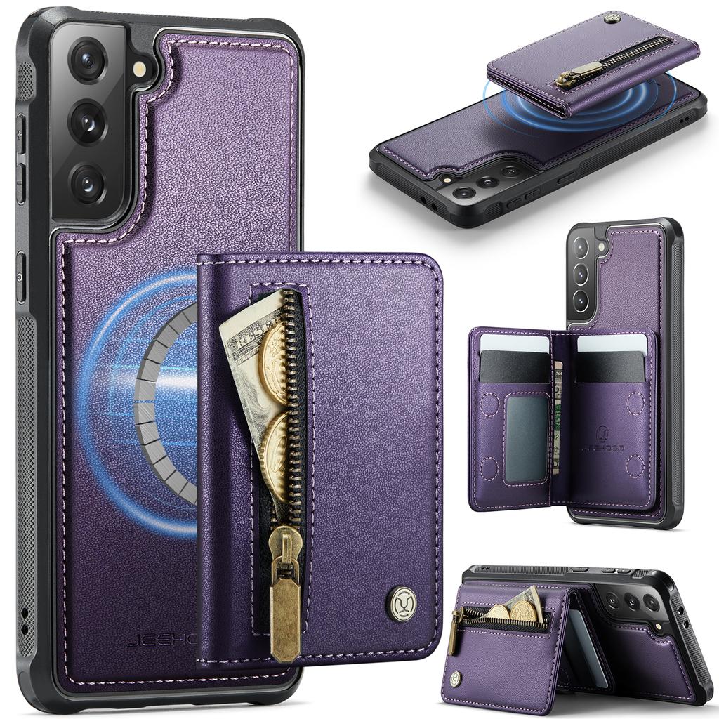For Samsung Galaxy S21 5G Case JEEHOOD J12 Magnetic Detachable Zipper Wallet Kickstand Leather Back Cover Magnetic Case