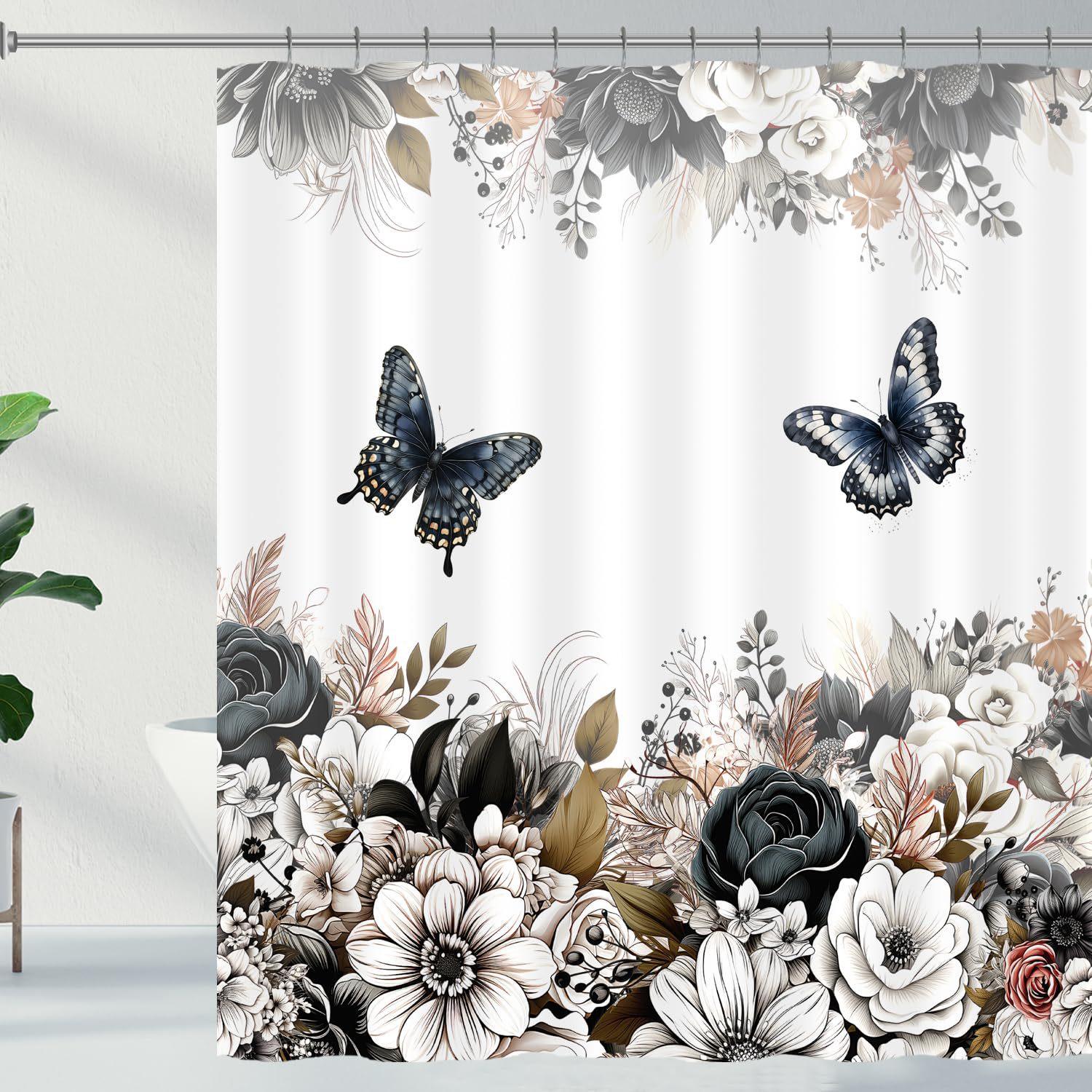 Черно-белая цветочная шторка для душа Цветочная бабочка Шторка для душа с крючками Темный цветок Лист Растение Ванная комната Шторка Водонепроницаемая Шторка для душа 2pcs*90x180cm