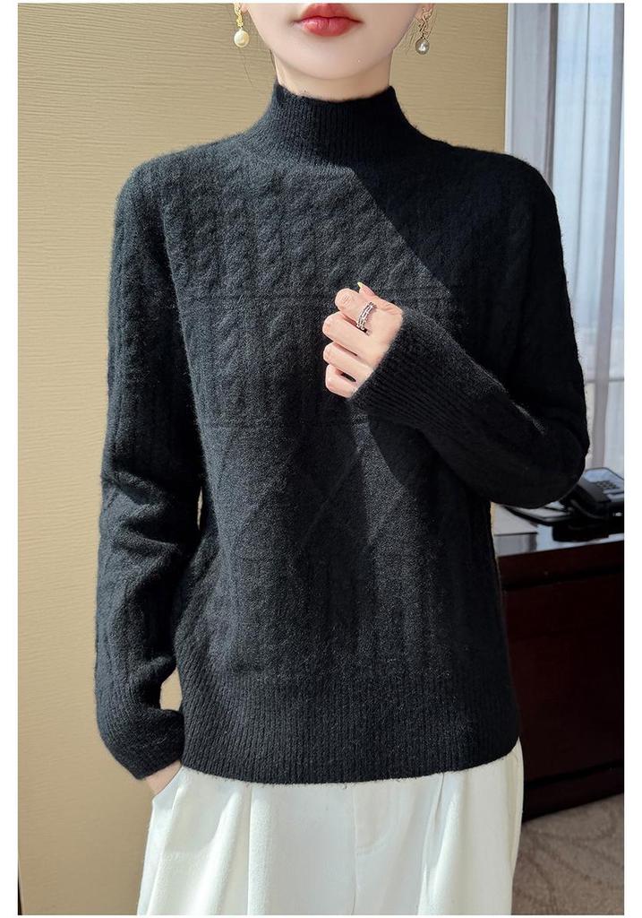 2026 Autumn/Winter Women's Pure Wool Thick Cable Knit Sweater with Half-High Collar and Long Sleeves