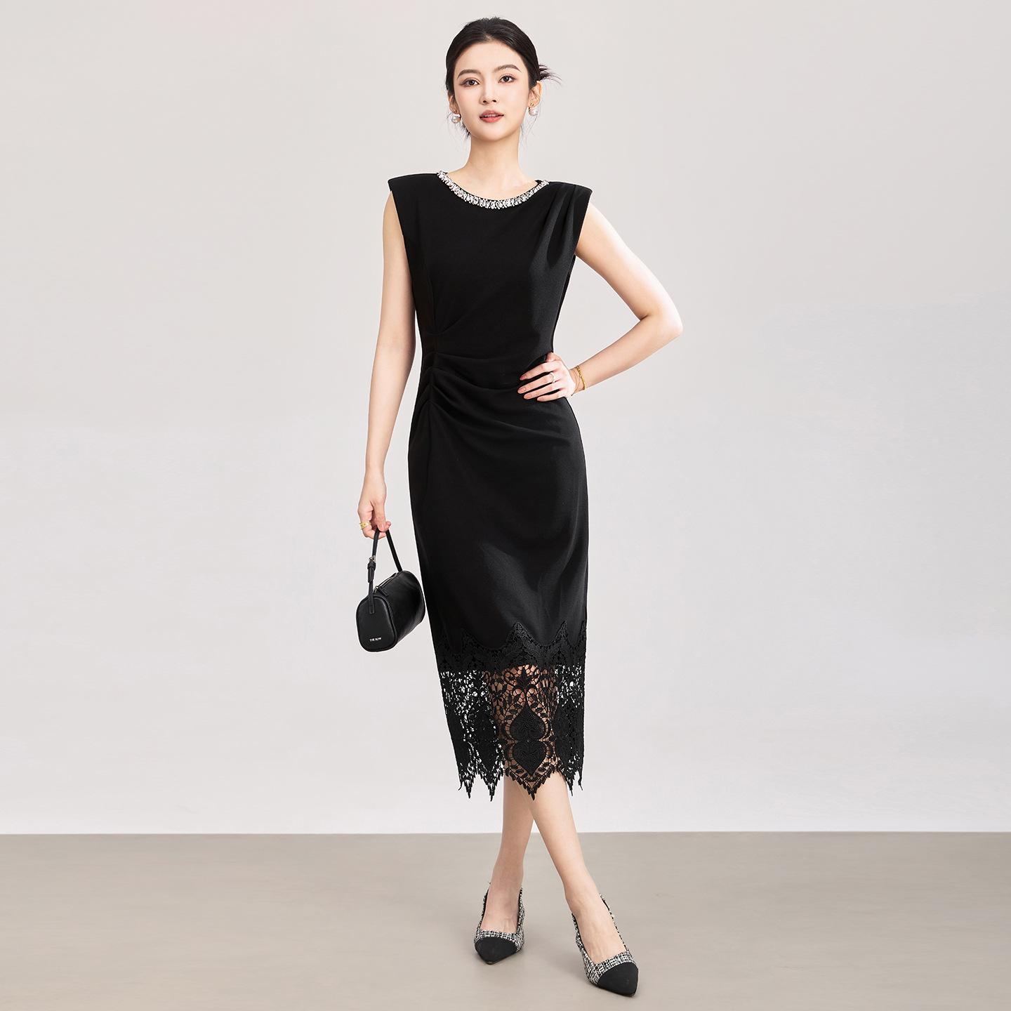 Light Luxury Rhinestone Embellished Lace Bodycon Dress - Women s Summer Slim Fit Large чёрный