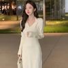 Feel matching coat needle dress women's autumn and winter inner fit slim and thin v-neck bottom niche long dress