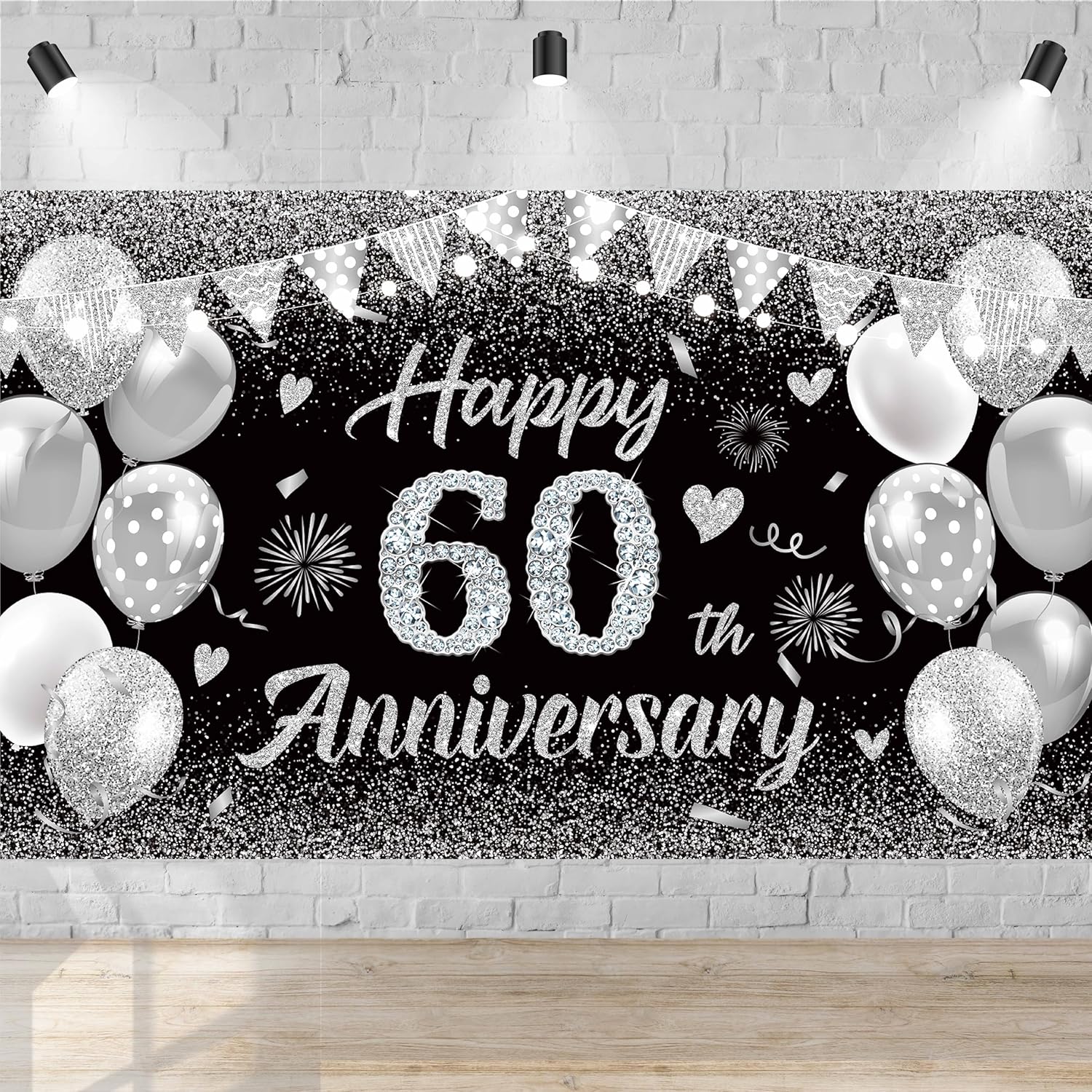 Happy 60th Anniversary Banner Decor Black Silver – Glitter Love Heart Happy 60 Years Wedding Anniversary Party Backdrop Theme Decorations for Women