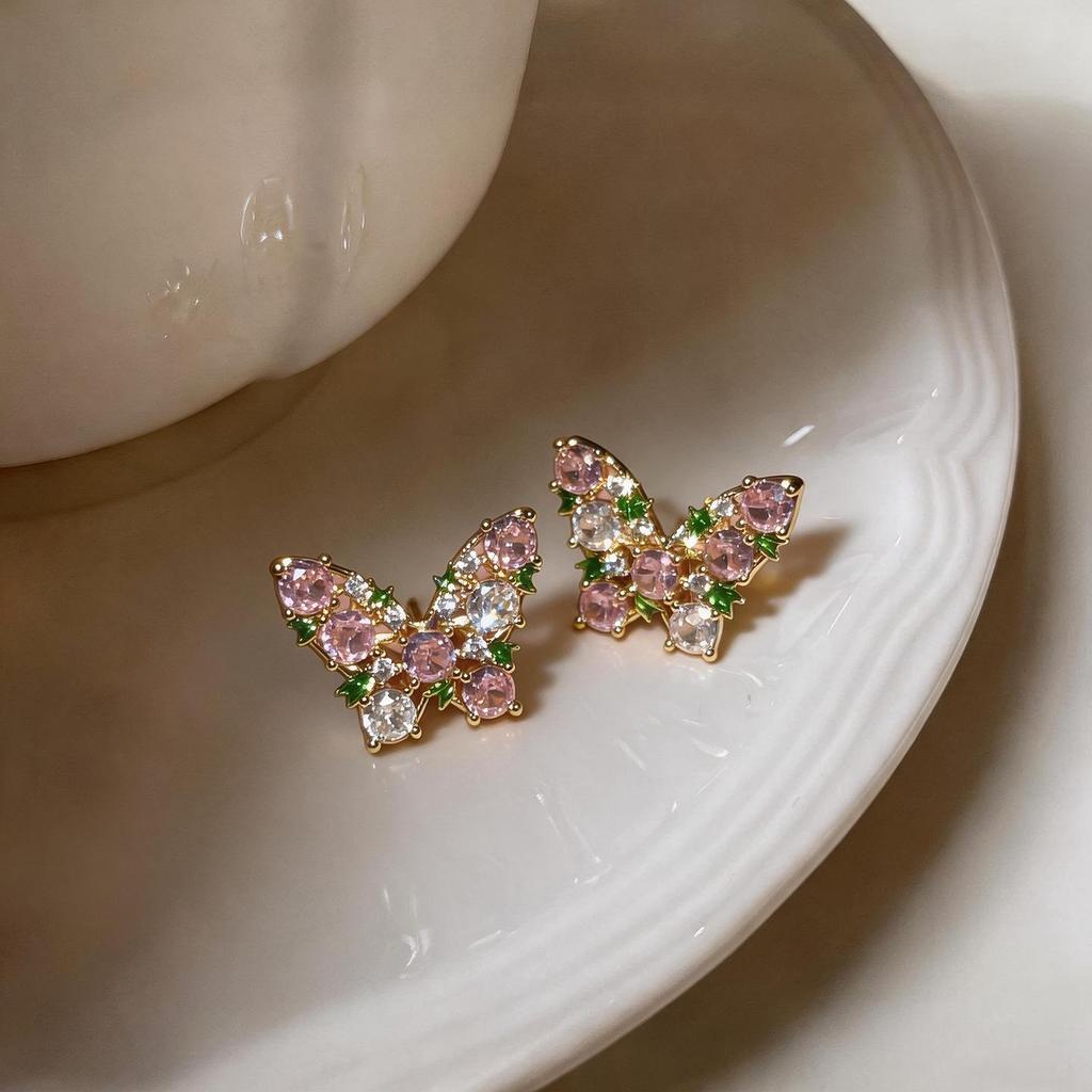 Silver Needle Cubic Zirconia Butterfly Stud Earrings - Stylish Vacation Accessory for Women