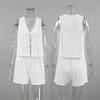 Women's Loose Shorts Sets Casual White Crepe Fabric V-neck Sleeveless Lace Up Vest Elastic Waist Shorts Summer 2-piece Set