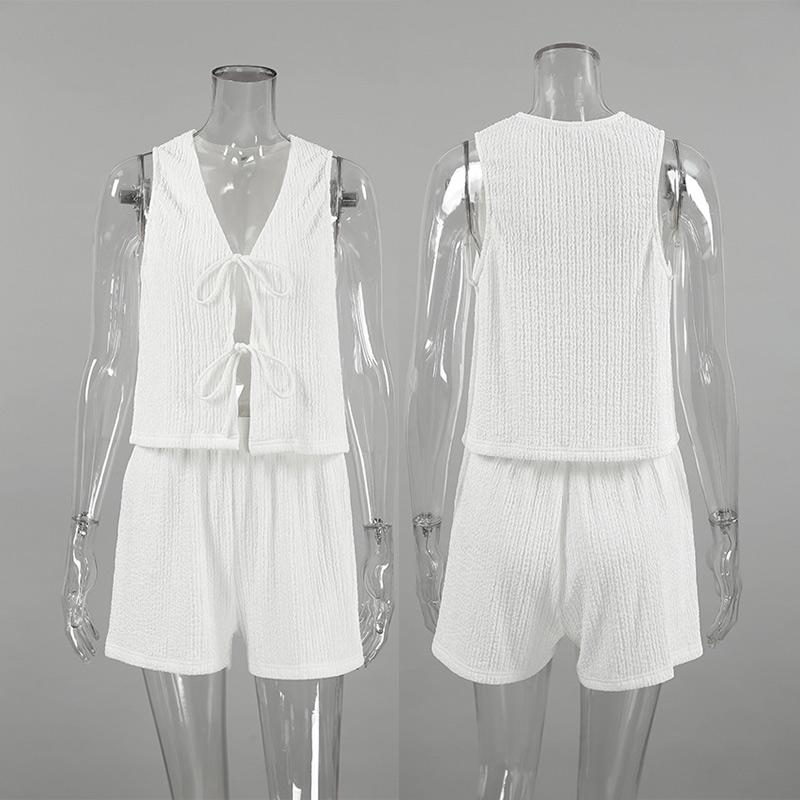 Women's Loose Shorts Sets Casual White Crepe Fabric V-neck Sleeveless Lace Up Vest Elastic Waist Shorts Summer 2-piece Set