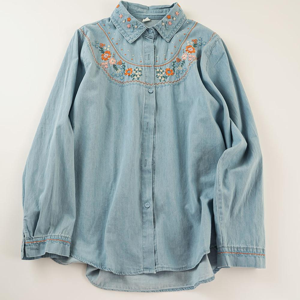 Camicia a maniche lunghe in denim lavato ricamato, cardigan monopetto in denim per donna, primavera e autunno