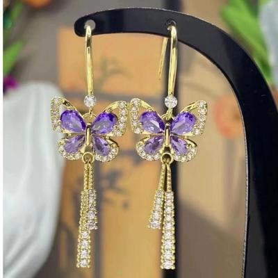 Visací náušnice Purple Stone Diamond Butterfly Crystal Zirkon pro ženy