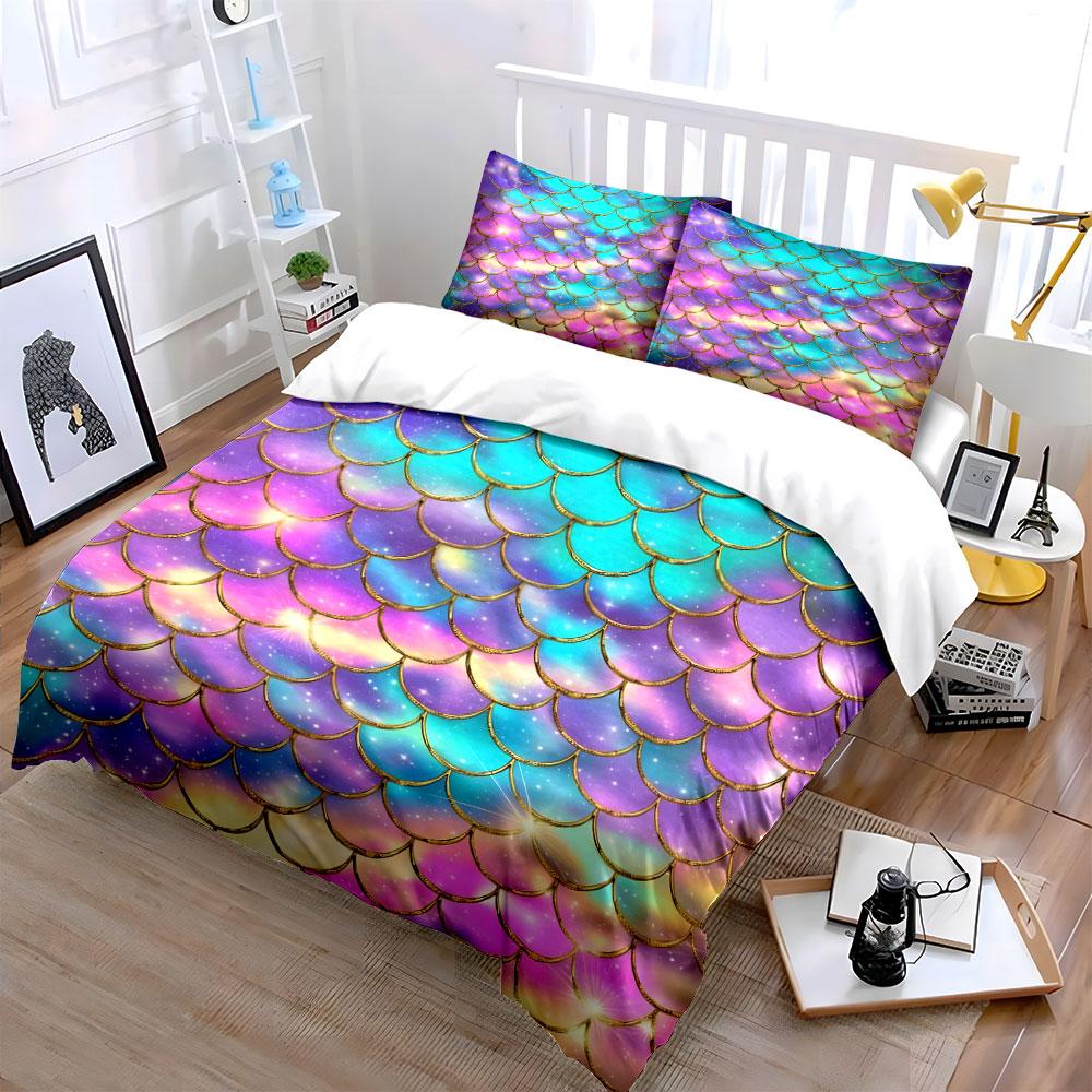 Mermaid Scale Pattern Decoration Set Soft Skin-Friendly Bedding Set Includes 1 Duvet Cover And 2 Pillowcase, Gift
