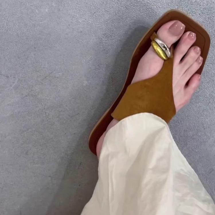 Sheepskin version~ retro style leather cover toe flip-flops women's shoes summer wear niche flat bottom one pedal beach sandals