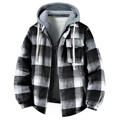 Fake Two Piece Cotton Jacket, Men's Autumn and Winter Hooded Versatile Clothes, Thick Checkered Casual Cotton Jacket