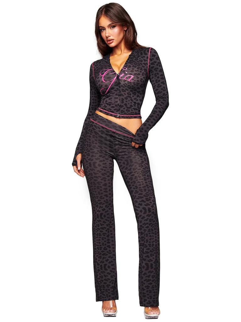 Women's Long Sleeve Cropped Tracksuit Set with Flare Pants