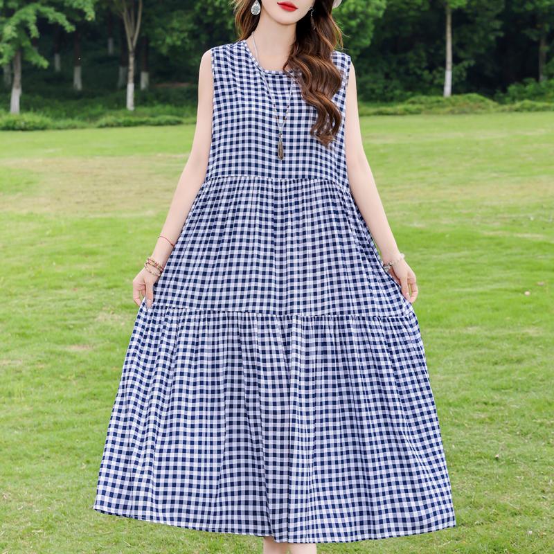 Elegant Sleeveless Dress for Women Plus Size Loose Vintage Print Long Dress Summer Middle-aged Women's Clothing