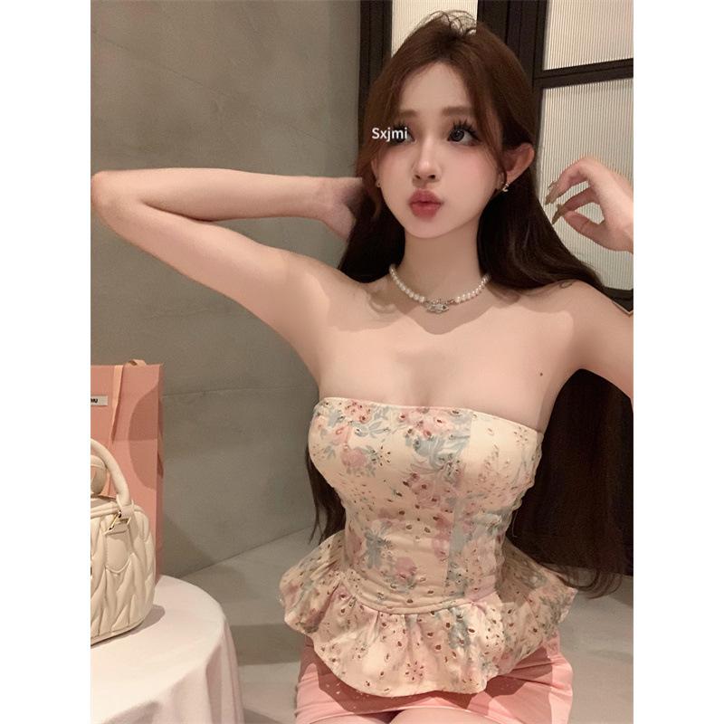 French Print Strapless Bandeau Crop Top: Waist-Cinched, Slimming, Backless Summer Fashion for Women