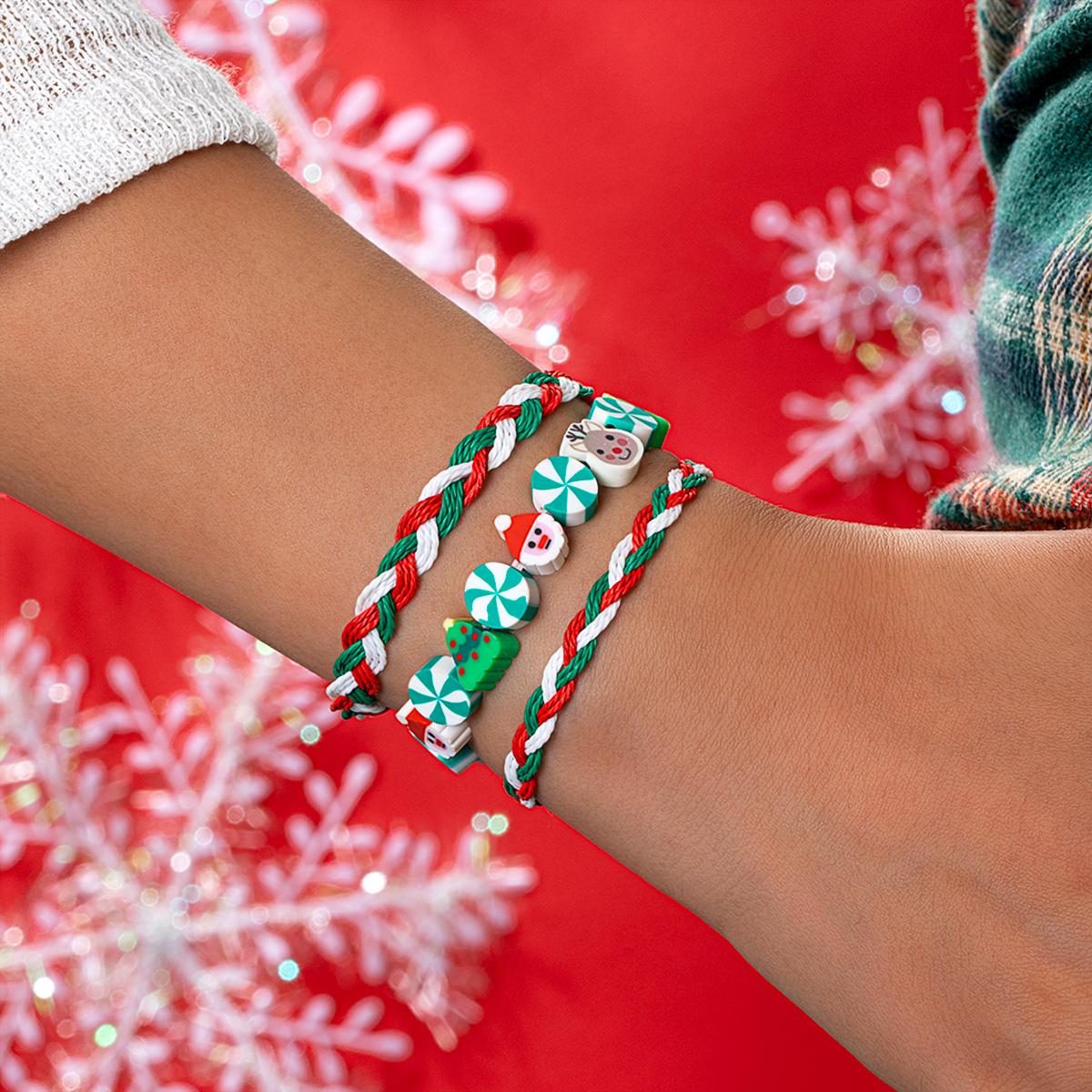 

3 random cute Christmas tree elk soft pottery bracelets, multiple layered colorful rope bracelets