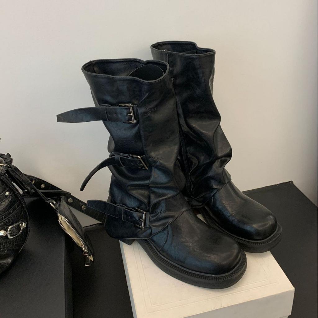 Thick-soled washed leather trousers Martin boots women's 2025 new belt buckle medium tube stack boots retro western cowboy boots