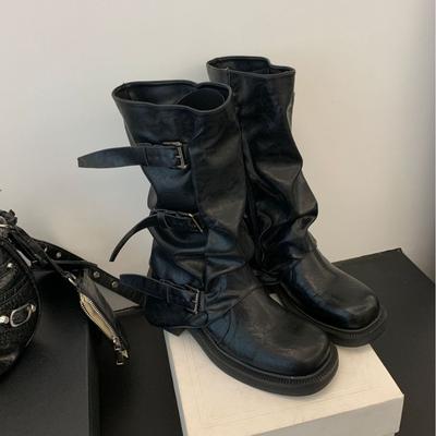 Dicke Sohle gewaschene Lederhose Martin Stiefel Damen 2025 neu Gürtelschnalle mittelhoher Schaft Stiefel Retro Western Cowboy Stiefel