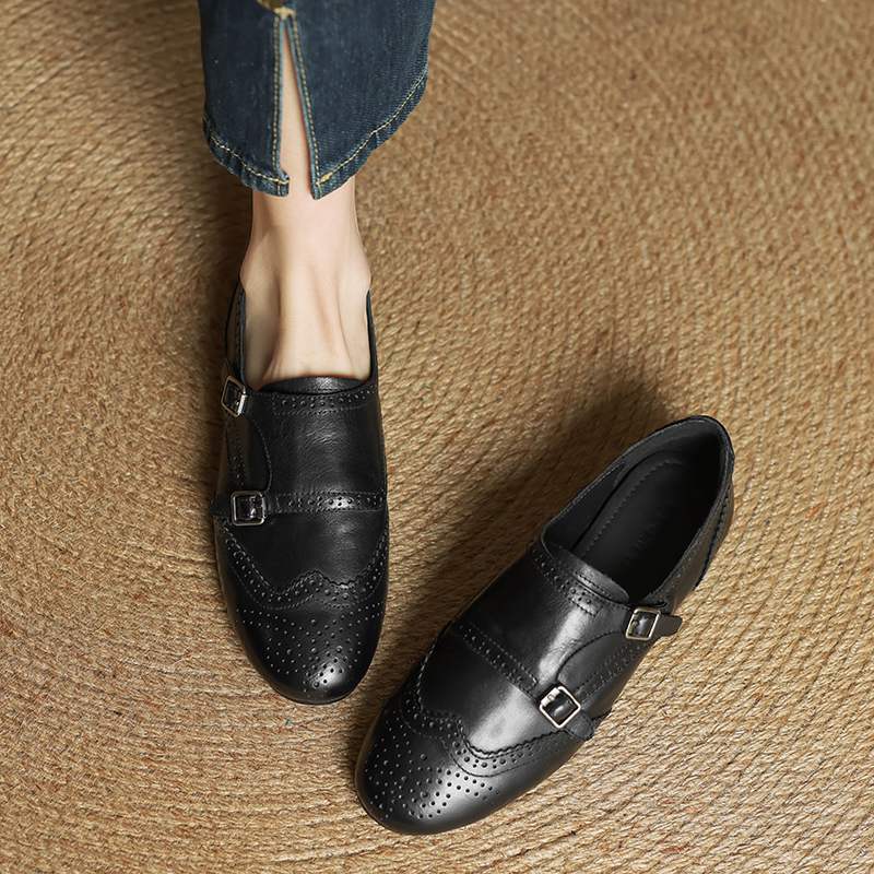 Krazing Pot Cow Skin Fashion Spring Autumn Low Heels metal buckle Oxford Shoes Women Round Toe Leisure Brogues flats