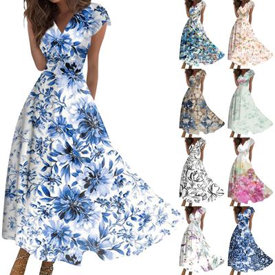 Damen Sommerkleid, lang, lässig, kurzärmlig, V-Ausschnitt, Tailleneinzug, bedruckt