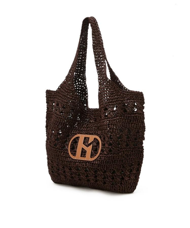 Hazzys Women Acc Signature H Logo Patch Dark Brown Rattan Shoulder Bag L Hiba6E794W2