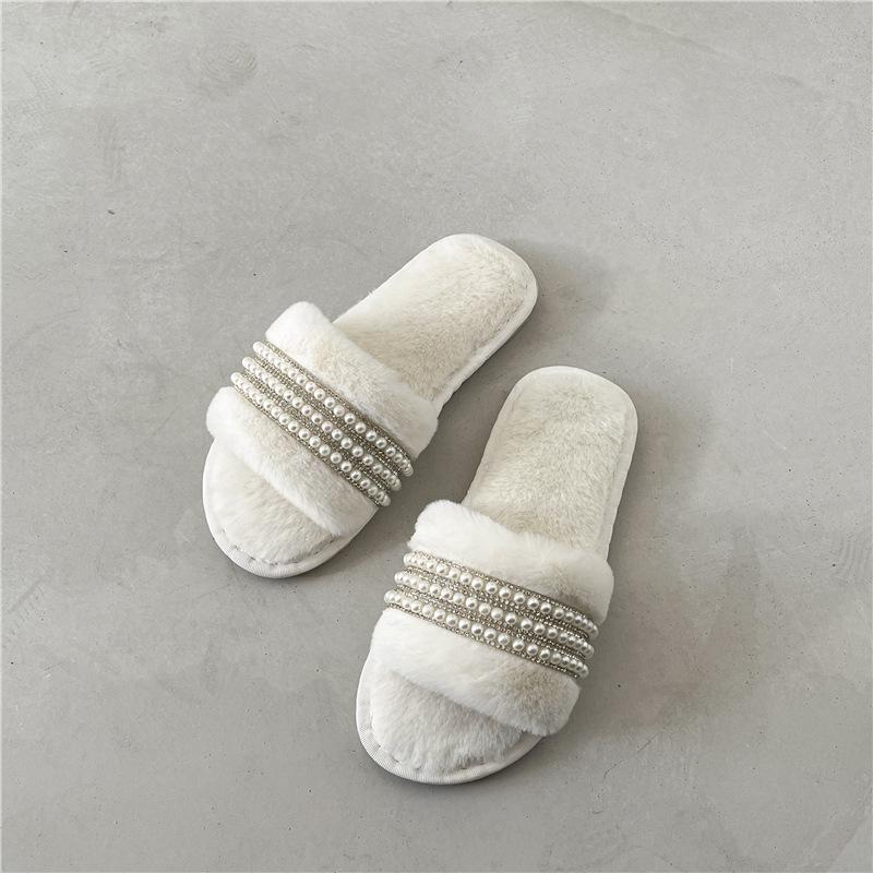 Cotton Slippers Women's Winter New Pearl Indoor Ins Home Household One-word Warm and Non-slip Maternity Plush Slippers