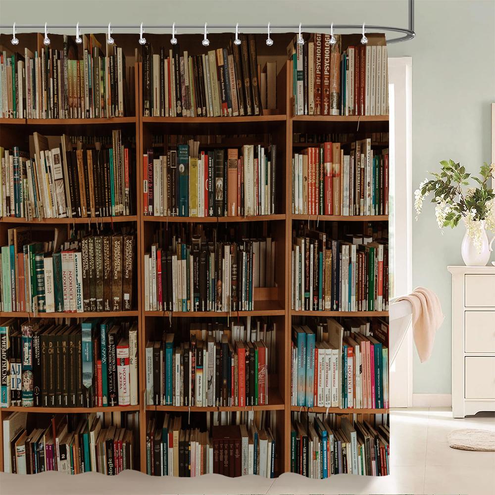 Tenda da Doccia Stampata a Forma di Libreria in Stile Retrò, Tenda da Bagno in Tessuto Poliestere, Tende per la Decorazione della Casa con Ganci