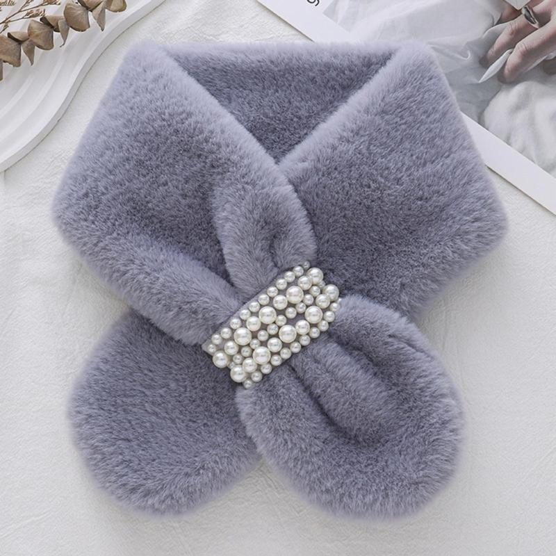Girls Winter Warm Thicken Scarfs Pearl Cross Buckle Faux Fur Plush Cross Collar Scarf Shawl Lovely Warm Soft Scarf