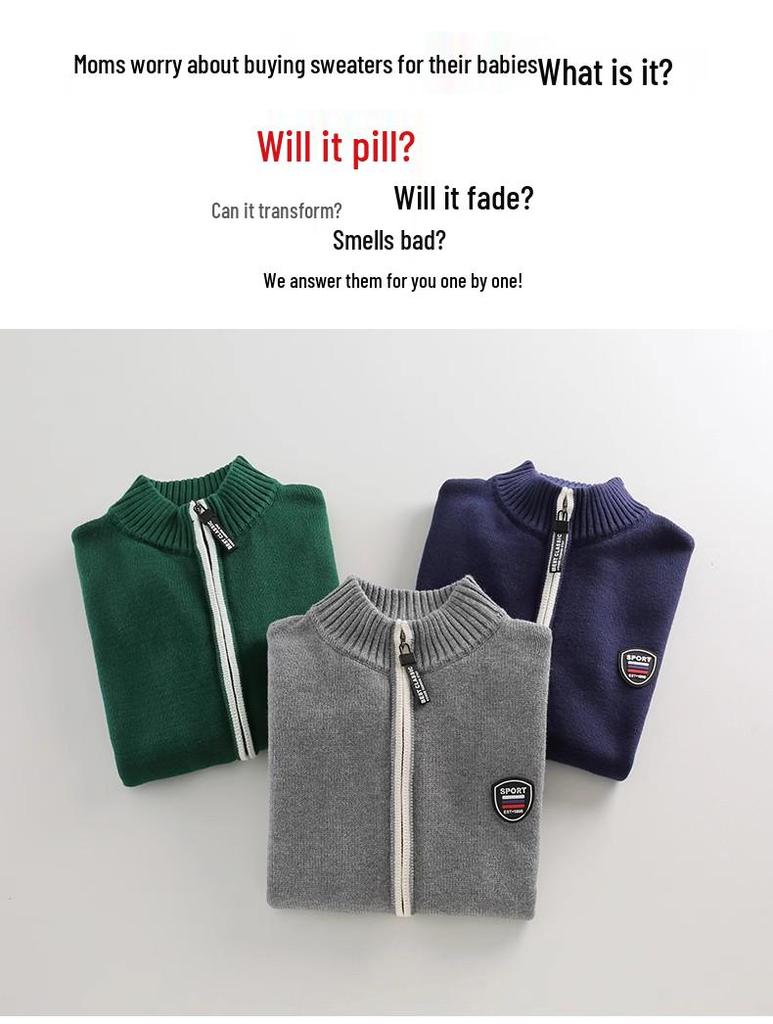 Cardigan zippé en tricot rouge pour garçon: Doublé polaire, Pur coton, Laine épaisse pour l'automne/hiver