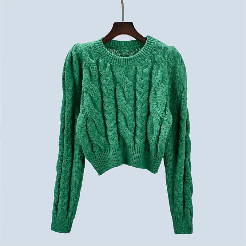 Spring Autumn Short Knitted Sweater Cable-Knit Pullover Puff Sleeves Stylish High Waist Bottoming Shirt Outwear Women