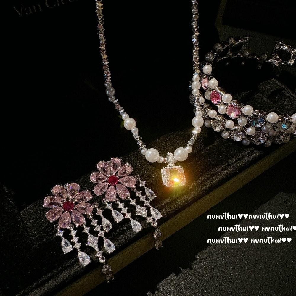 Flower Fairy Sugar Cube Gem Pearl Shredded Silver Necklace, Papalacha, Argyle Pink Flower Zircon Earrings