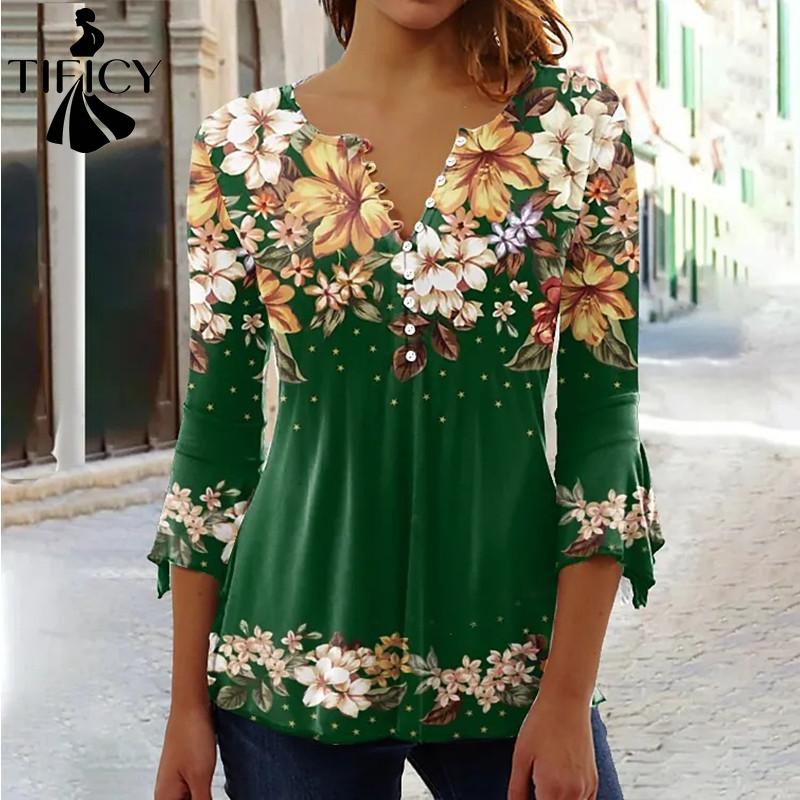 TIFICY Women's Fashion Casual Summer Spring Flower Pattern Print 3/4 Sleeves V-Neck Blouses & Shirts