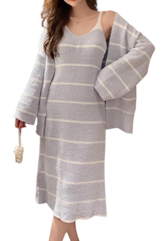 RIRIOA Fluffy Pajama Set with Loungewear Dress Women's Cardigan, 2-Piece (Blue)