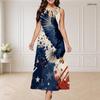Women Plus Size Round Neck Triple Keyhole Cutout Sleeveless Firework Printed Navy Maxi Dress