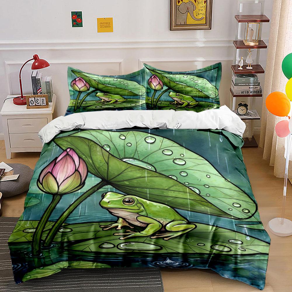 "Frog Lily Pond Art Set" Bedding Set with 1 Duvet Cover 2 Pillowcases Single Double King Queen, Gift
