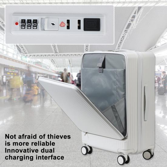 24-Zoll-Koffer, Handgepäck mit Frontöffnung, Handgepäckkoffer mit eingebautem Schloss, mit Getränkehalter & USB Typ-C-Ladeanschluss & Handyhalter