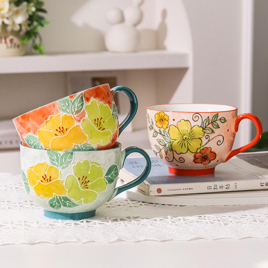 Rustikale handbemalte florale Keramik-Frühstückstasse, 500 ml Fassungsvermögen, Kaffeetasse mit buntem floralem Muster, Haushaltsmilchtasse