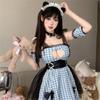 WhimsiNova Maid Costume Babydoll Halloween Popular Photo Shoot Gift 5-Piece Set, Sexy, Naughty, Open-Breasted, Sleeveless, Plaid, Lace, Costume, Cute,