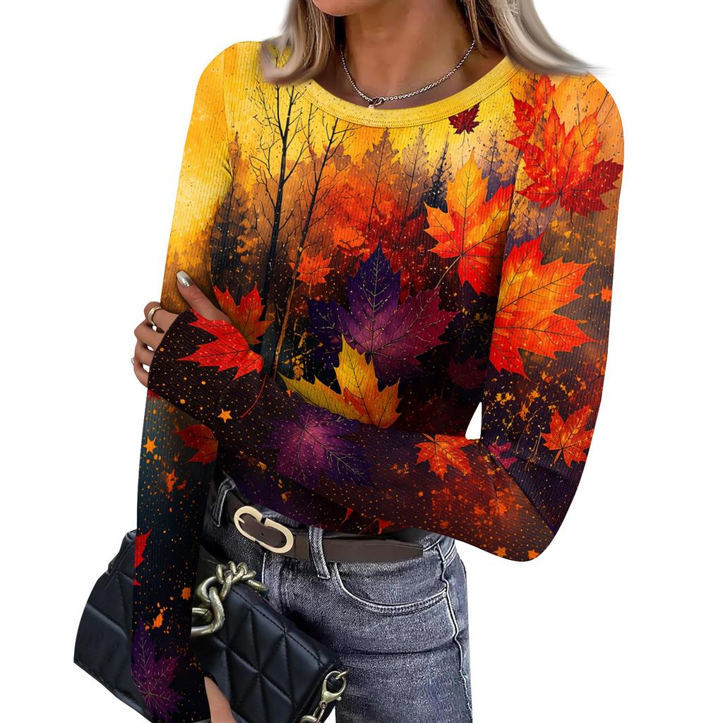 Women's Slim Fit Long Sleeve Neck T-Shirt with Leaf Print and Thumb Holes for Casual Everyday Wear