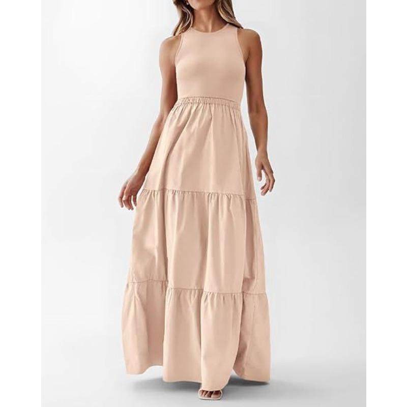 Summer Women's Dress Round Neck Patchwork Pit Stripe Sleeveless Vest Pocket Dresses