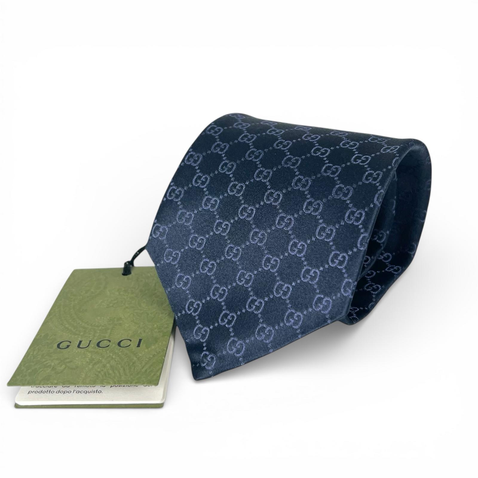 Excellent GUCCI tie TIE FEDRA 8.0 GG pattern Navy silk mens 456520 Used