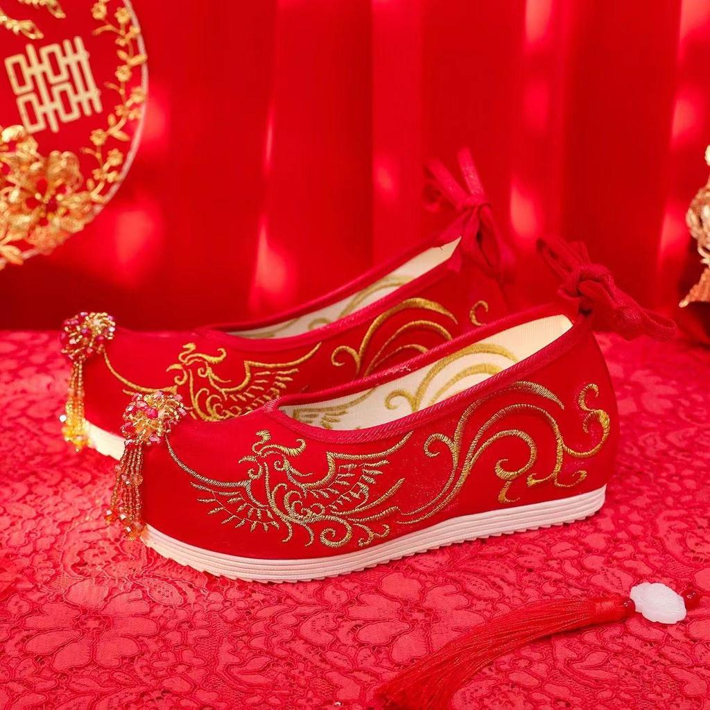 Xiuhua Women's Pearl Tassel High Heels - Ancient Style Pointed Toe Wedding Shoes for Bride, Hanfu Toasting Shoes