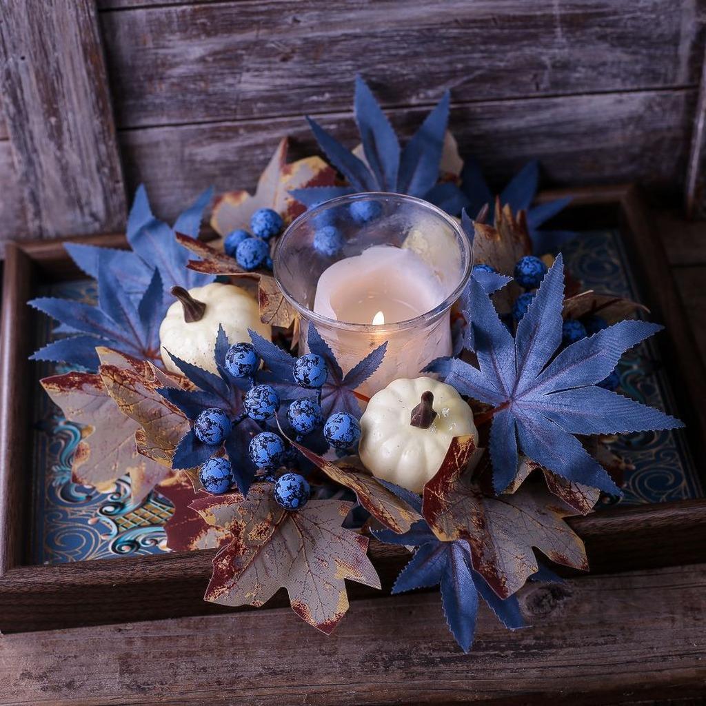 Fall Harvest Pumpkin Maple Leaf Candle Wreath Artificial Blue Berry Candle Holder Wreath for Thanksgiving Autumn Home Decor