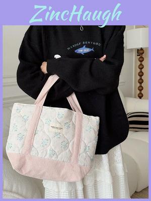 Stylish Canvas Tote Bag With Floral Patchwork Design For Casual Shopping And Commuting