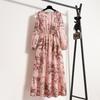 Fashion Long Sleeve Floral Printed Chiffon Dress Women Elegant Loose A-line Casual Long Dress Female High Waist Ruffled Office Lady Dress 1030