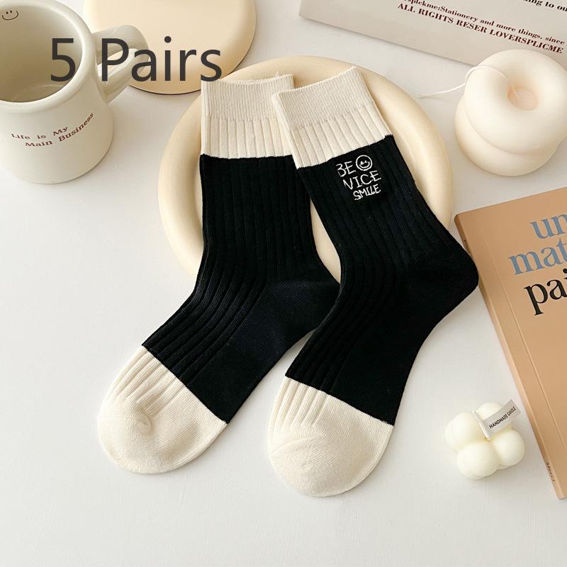 5 Pairs of Women's New Style Matching Color Letter Embroidery In The Tube Stack Socks