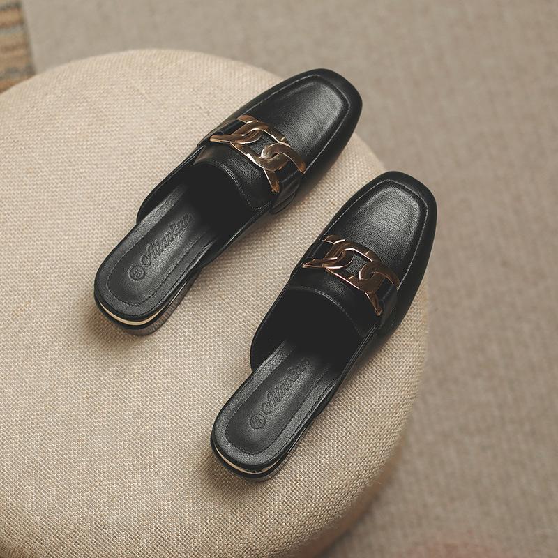 Leather flat for Huizhou women's shoes heels cool slippers women's low heels summer new bag head Muller shoes women