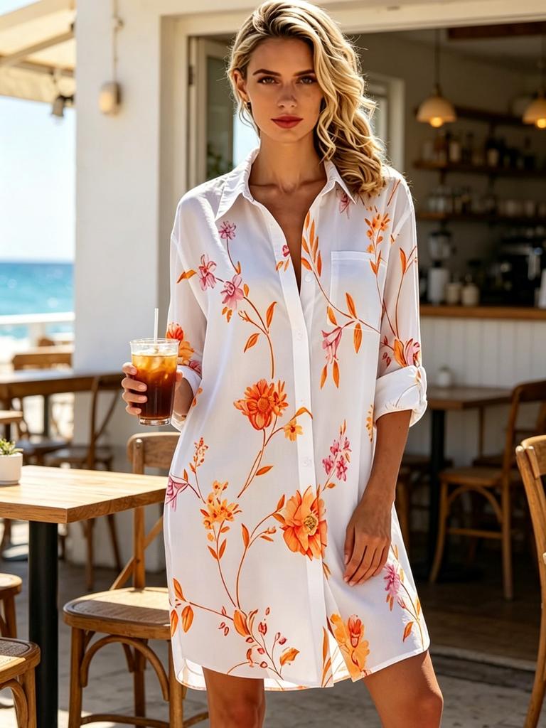 Women's Gradient Long-sleeved Shirt, Mid-length Shirt, Refreshing and Comfortable/daily Casual Loose Large Size Shirt, Women's Clothing