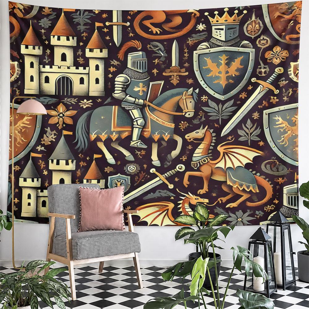 Medieval Knight and Dragon Tapestry Design Pattern Wall Hanging Tapestry Decorative Tapestry Home Decor for Bedroom and Living Room