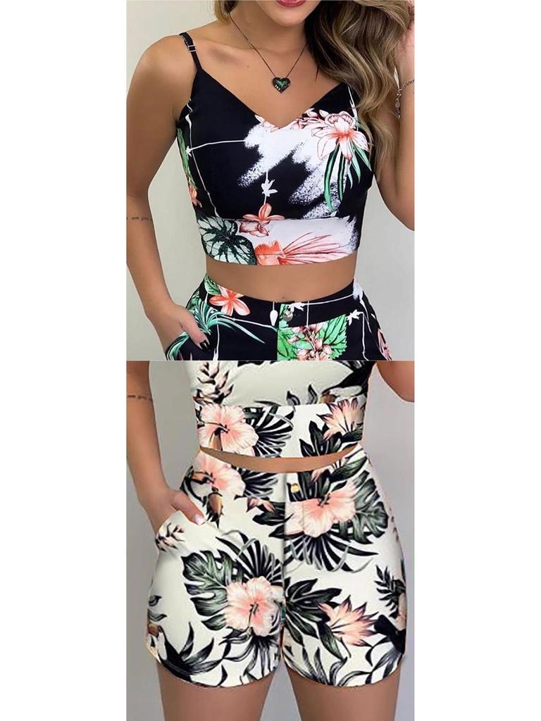 European and American Women's Summer Spaghetti Strap Slim-Fit Printed Shorts Set