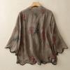 Retro printed cotton and linen shirt women's summer new medium round neck disc button seven-quarter sleeve zen cardigan top